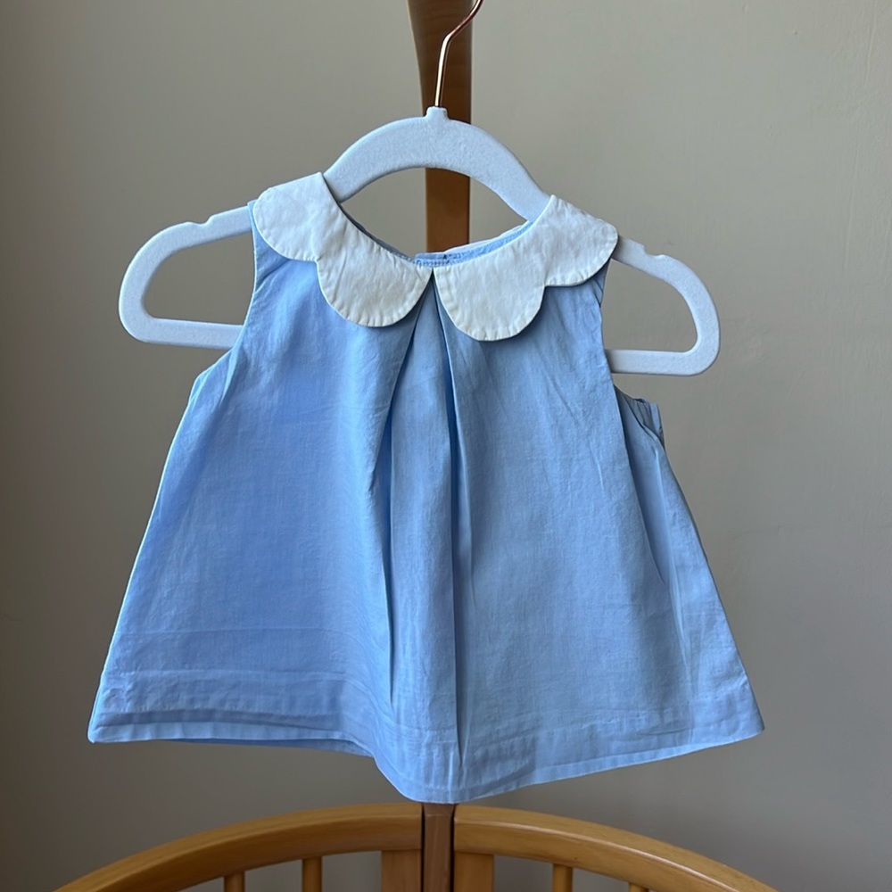 Jacadi light blue blouse with white scalloped collar, size 12M